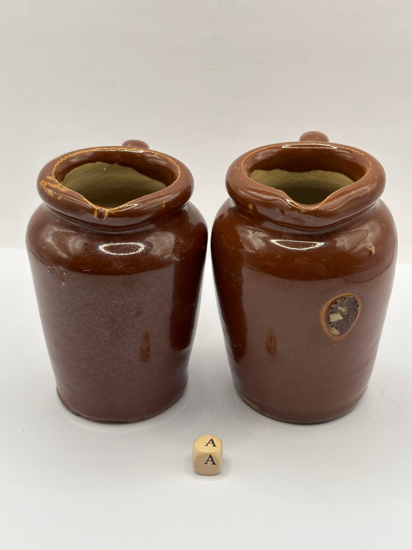 2 old small brown stoneware cream pots (a)