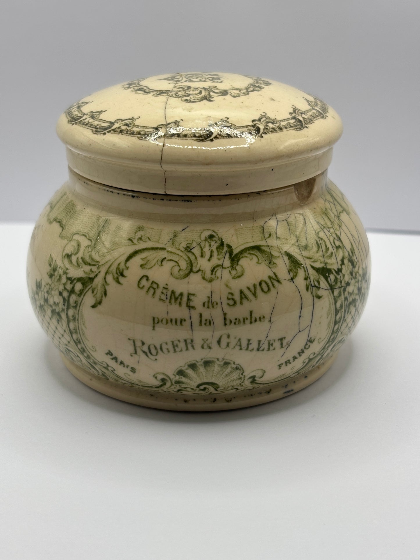 Old creme de savon advertising jar, Paris France. damages