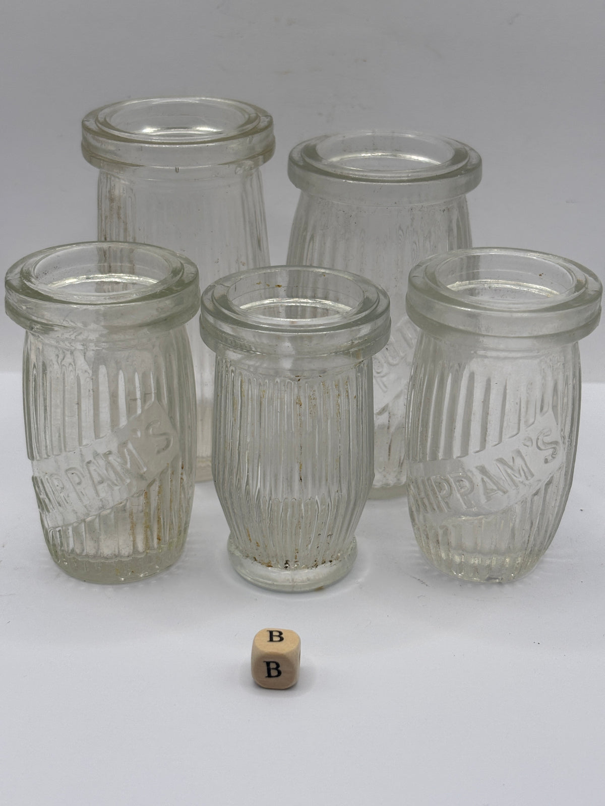 5 old clear glass meat paste jars (B)