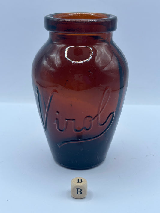 Old amber glass Virol jar (B) 10.5cms