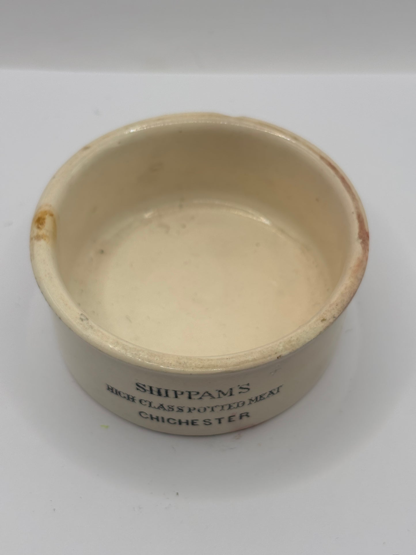 Old Shippams advertising meat paste pot, High class potted meat, Chichester