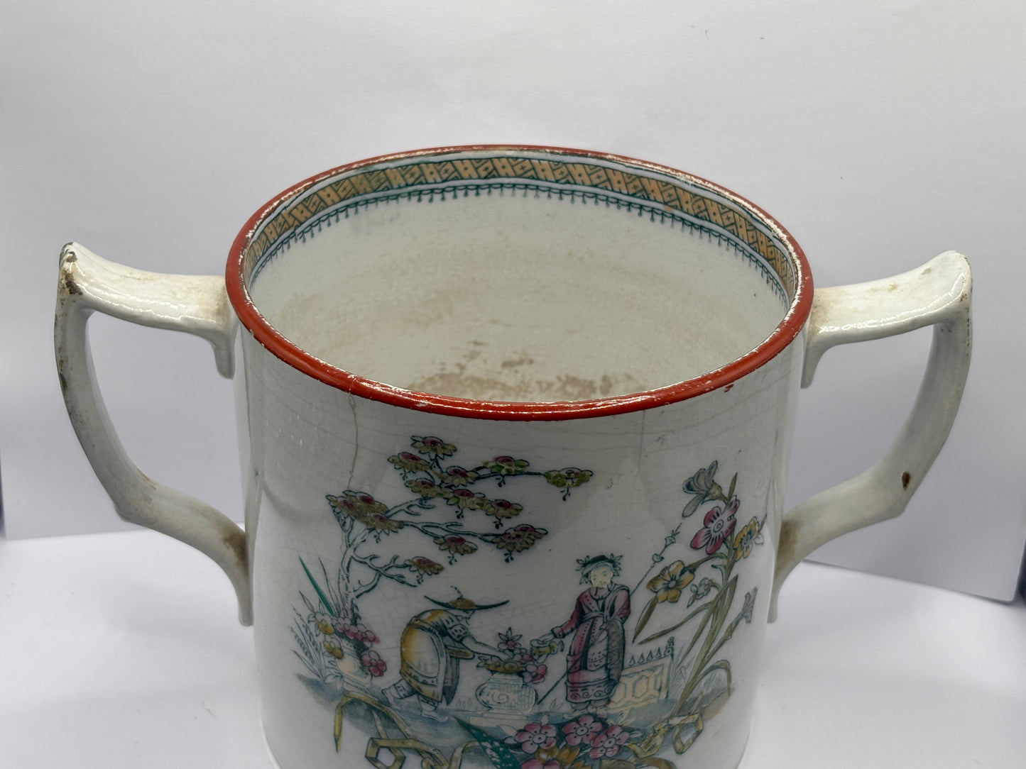 Old 2 handled mug, oriental
