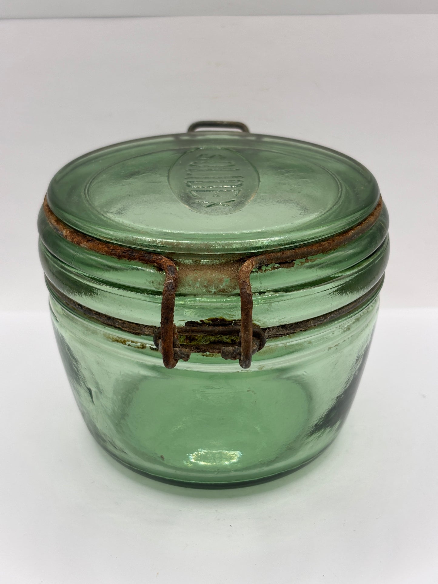 Vintage green glass French canning jars