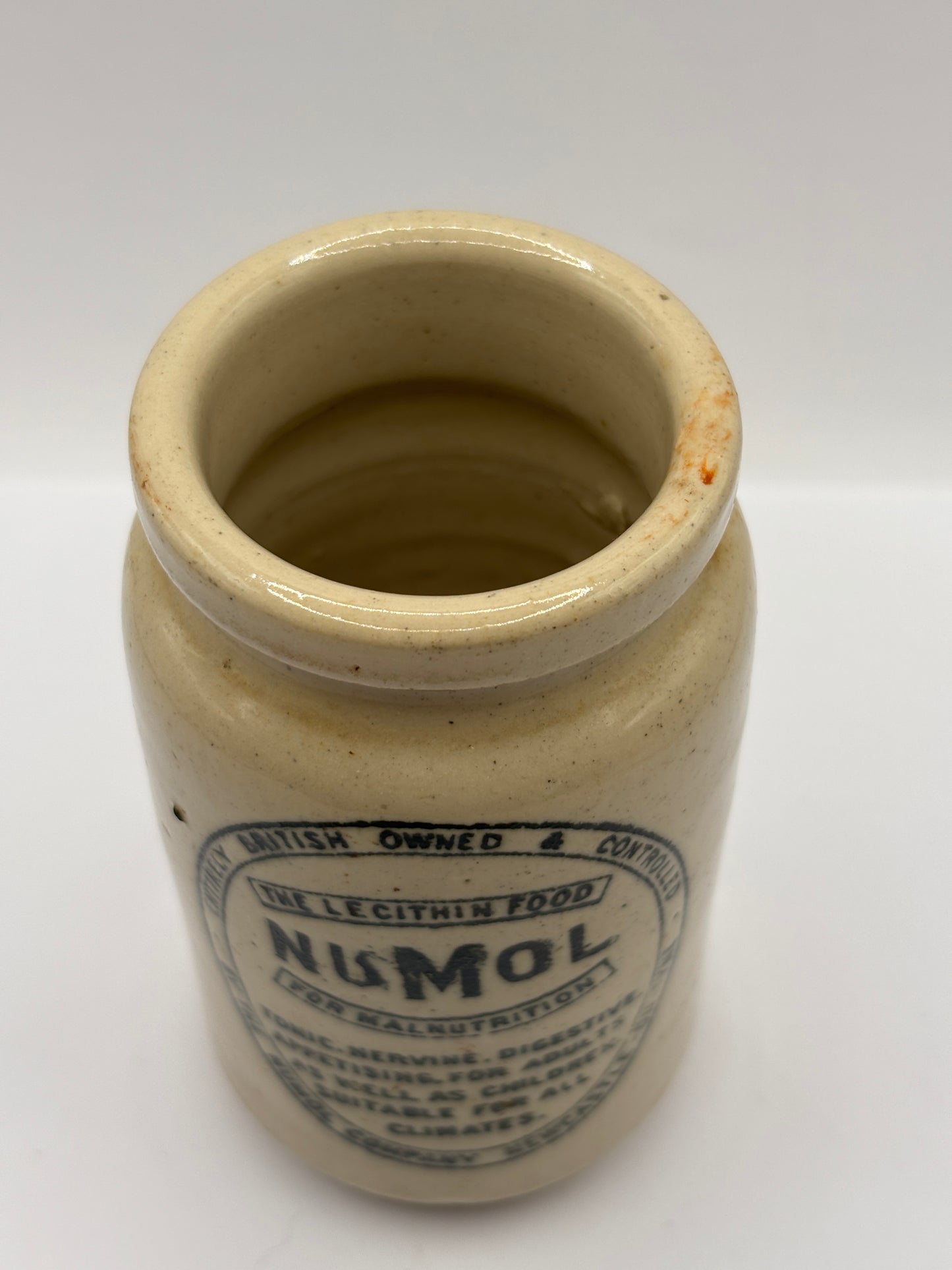 Old stoneware advertising Numol jar. The lecithin food for malnutrition