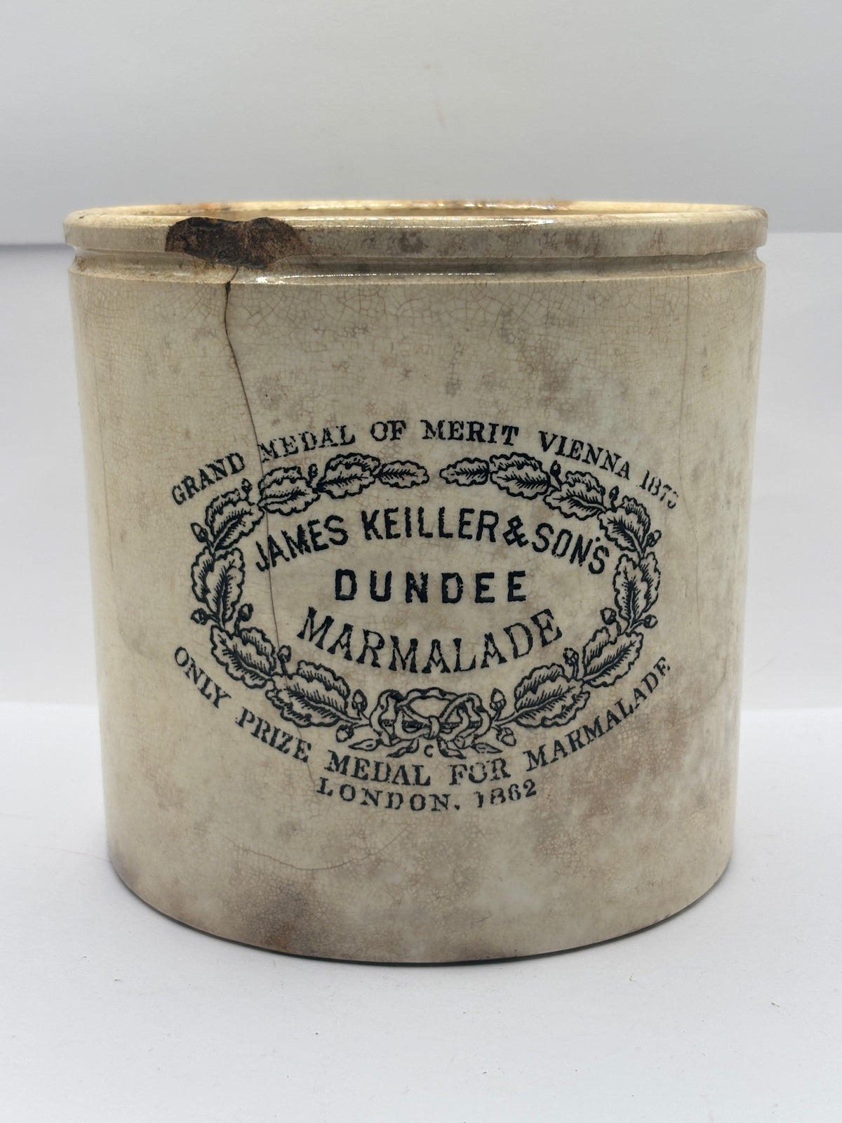 Huge Rare 4lb stoneware marmalade pot, James Keiller Dundee marmalade. Damaged
