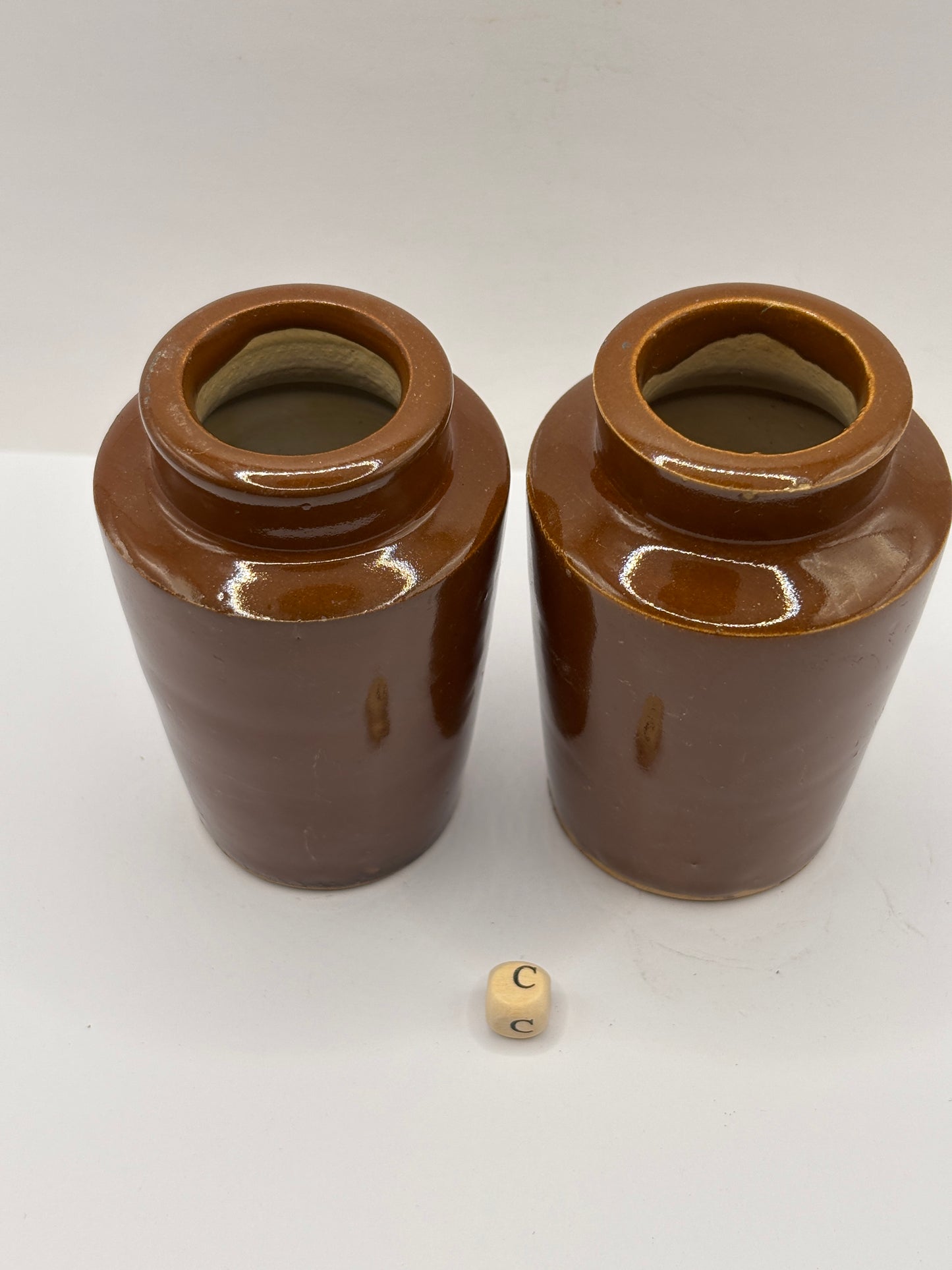 2 old small brown stoneware cream pots (c)