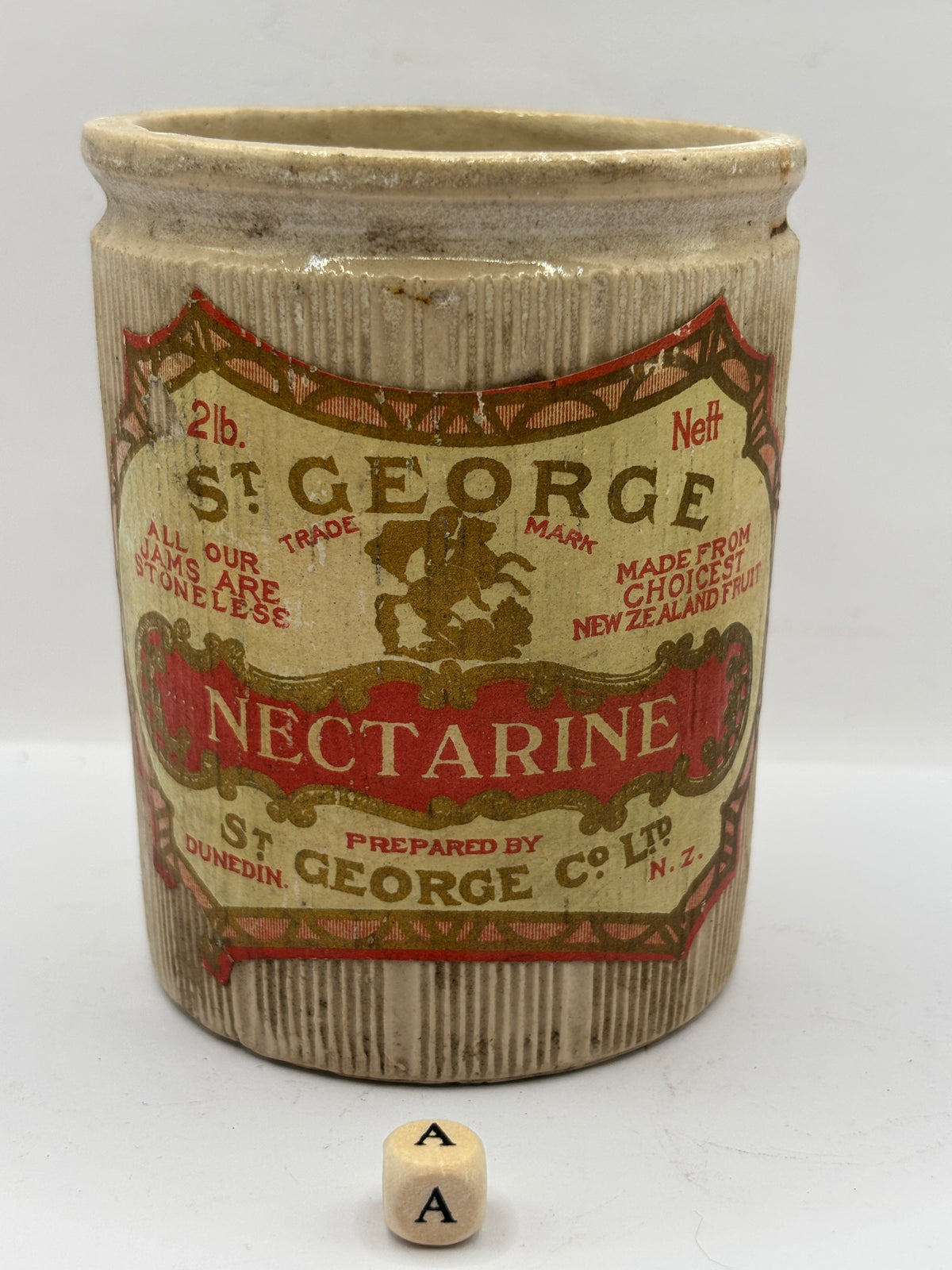 Old 1lb ribbed stoneware jam pot with added label (a)