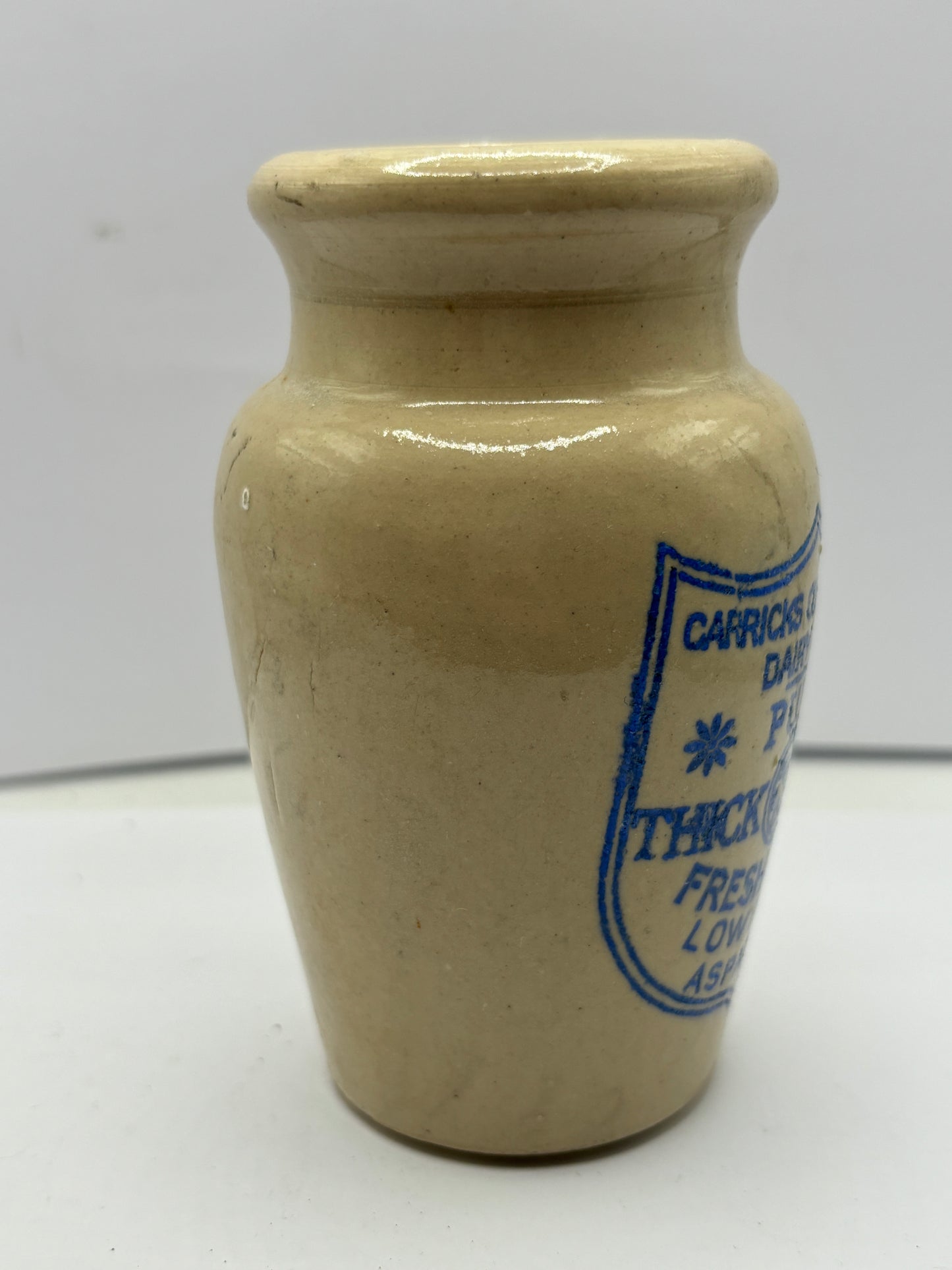 Carricks advertising cream pot, pure thick cream. Blue print