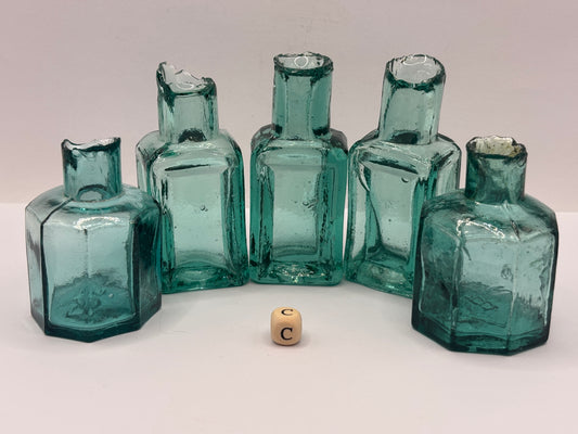 5 old dark aqua glass inks, inkwells, ink bottles, penny ink (c)
