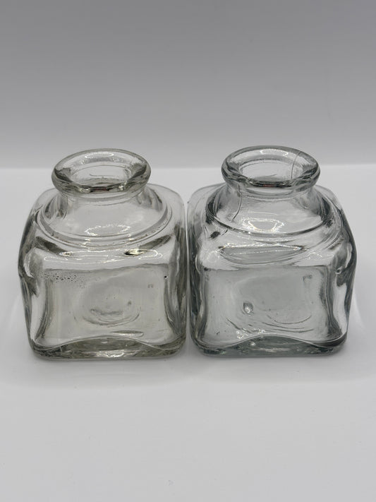 2 old clear glass inkwells, ink bottles