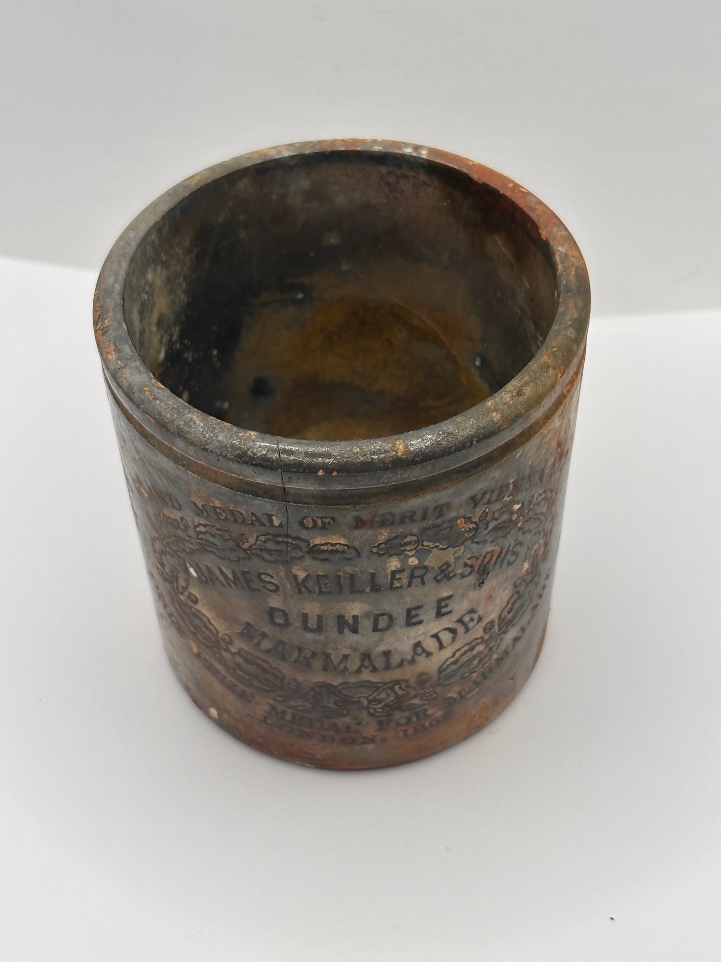 Old 1lb James Keiller Dundee marmalade Jar. Super burnt & crusty