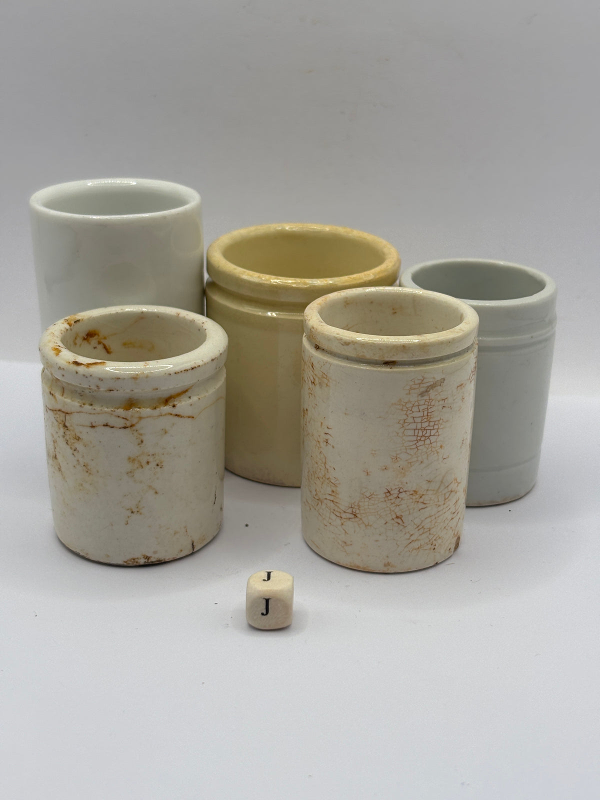 5 old small stoneware jars & pots (J)