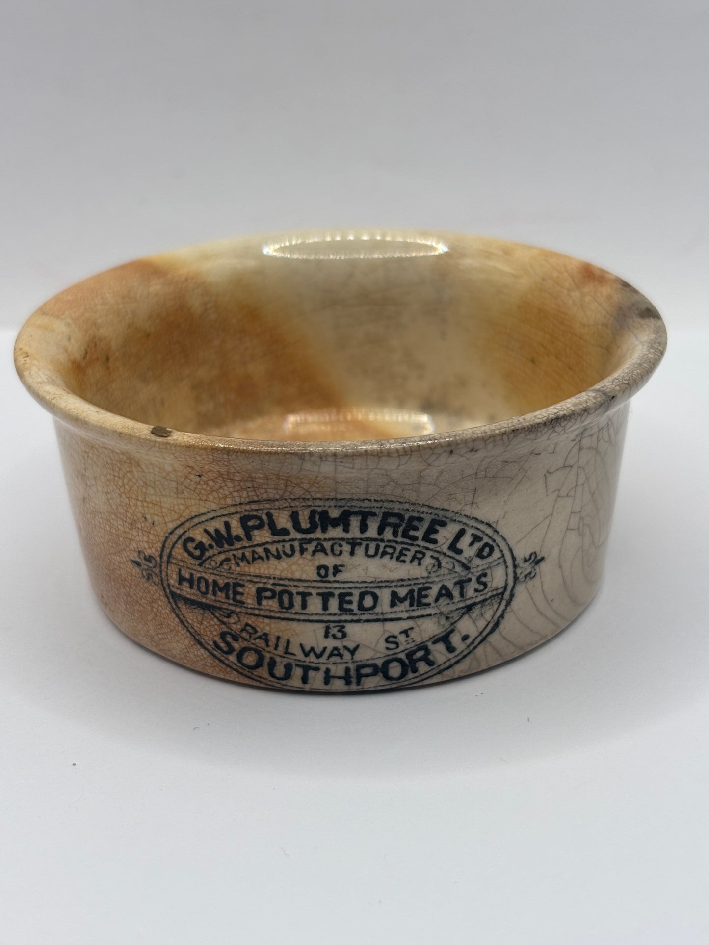 Old Plumtree advertising meat paste pot. Damaged