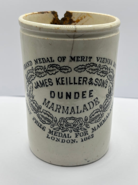 Old 1lb James Keiller Dundee marmalade jar. Damaged