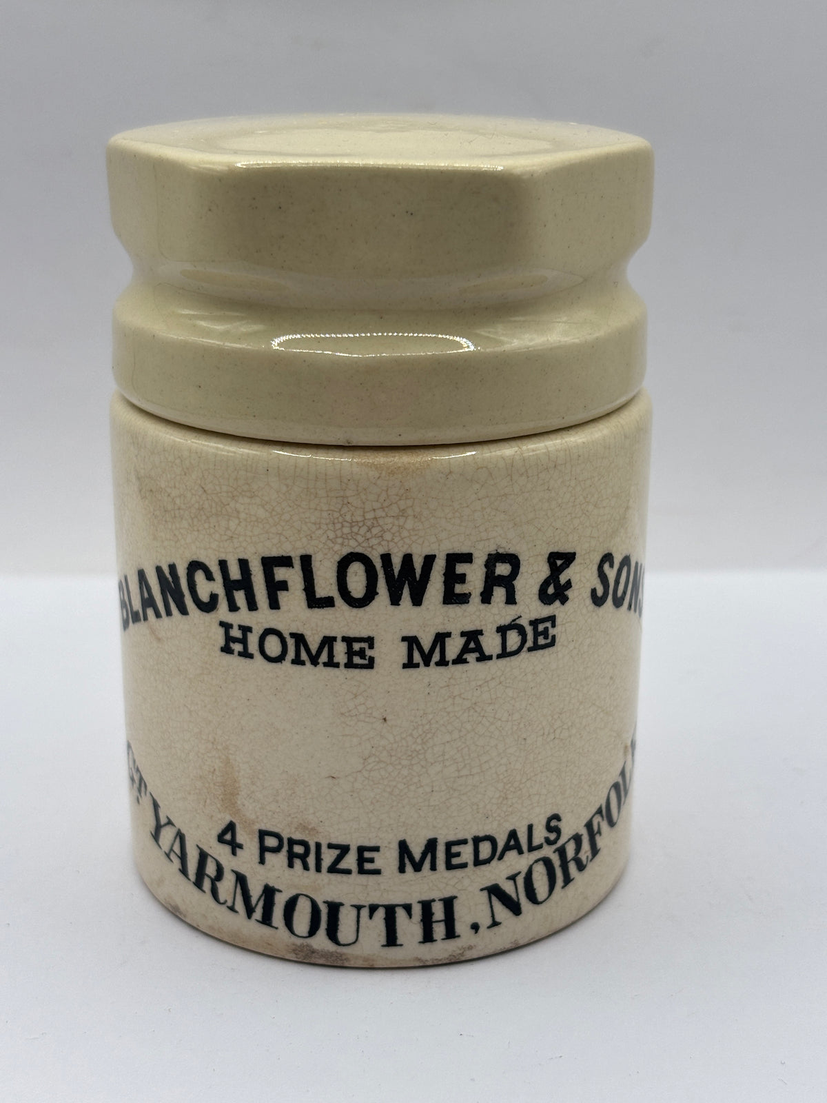 Old stoneware advertising jar, Blanchflower home made potted meat jar