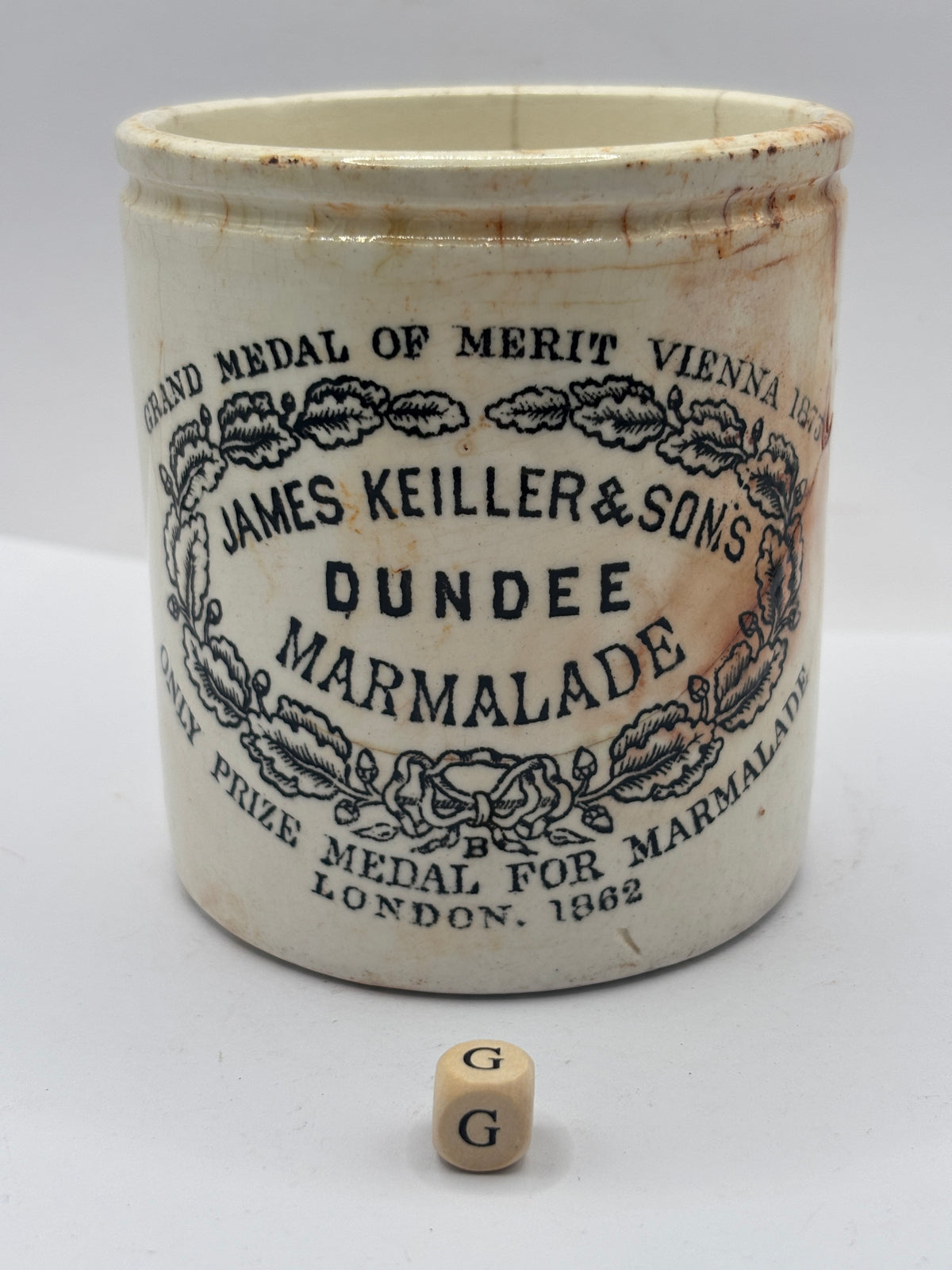Old 1lb stoneware marmalade pot, James Keiller Dundee marmalade (G) damaged