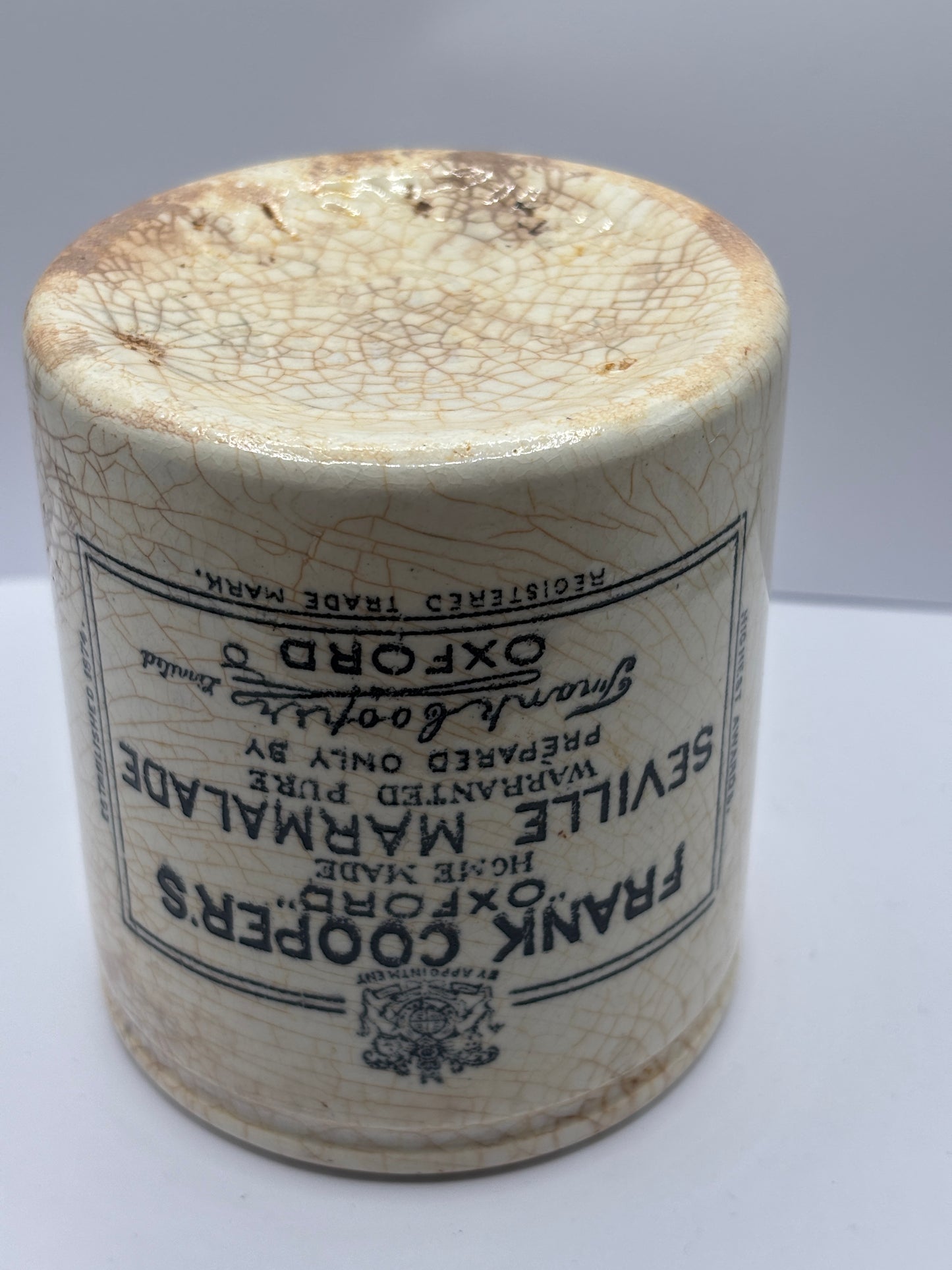 Old 1lb frank cooper marmalade jar, stained & crazed