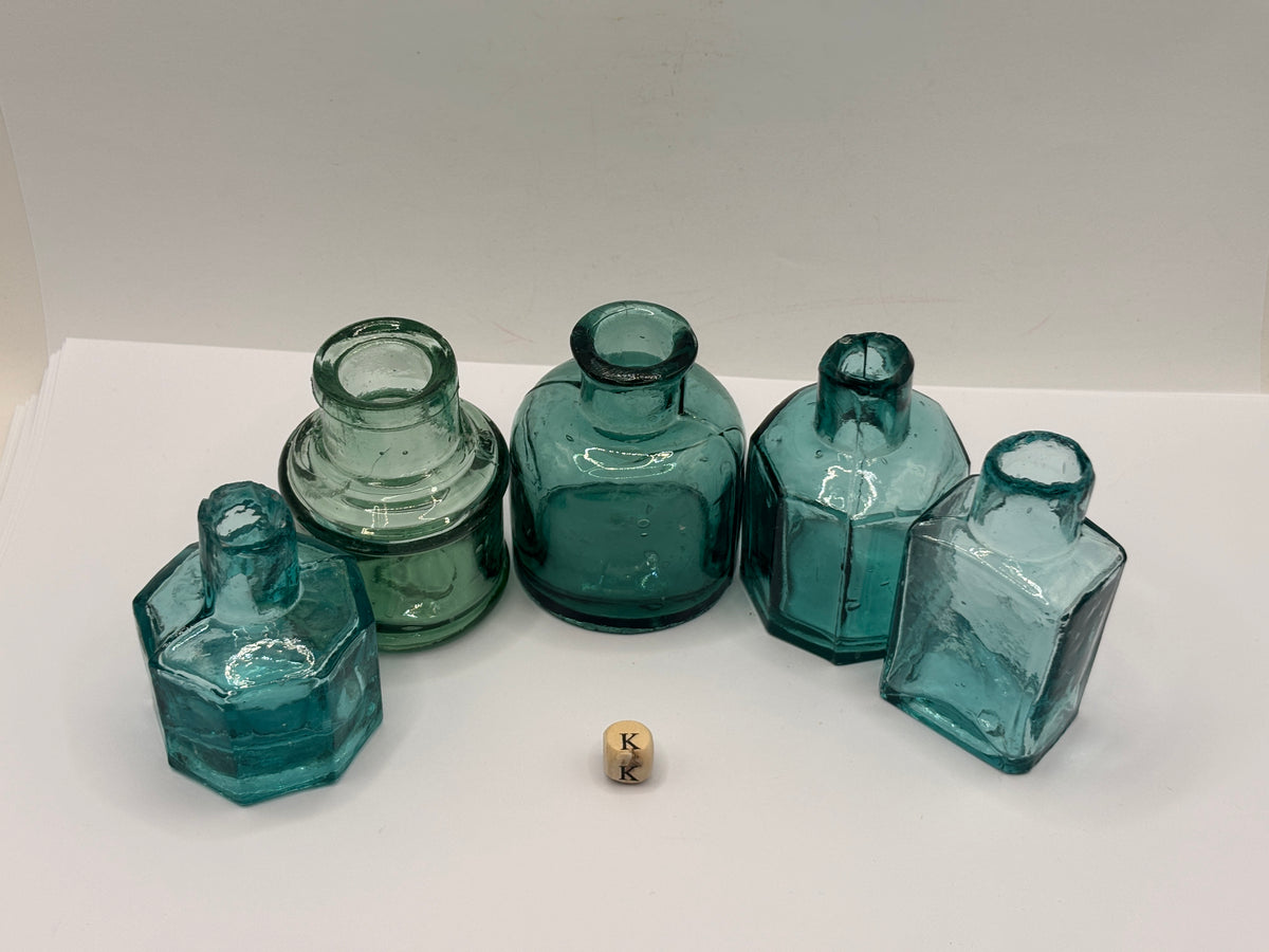 5 old dark aqua glass inks, inkwells, ink bottles, penny ink (k)