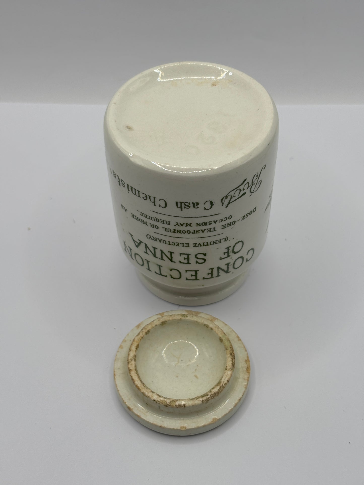 Old stoneware advertising jar and lid, Boots confection of senna