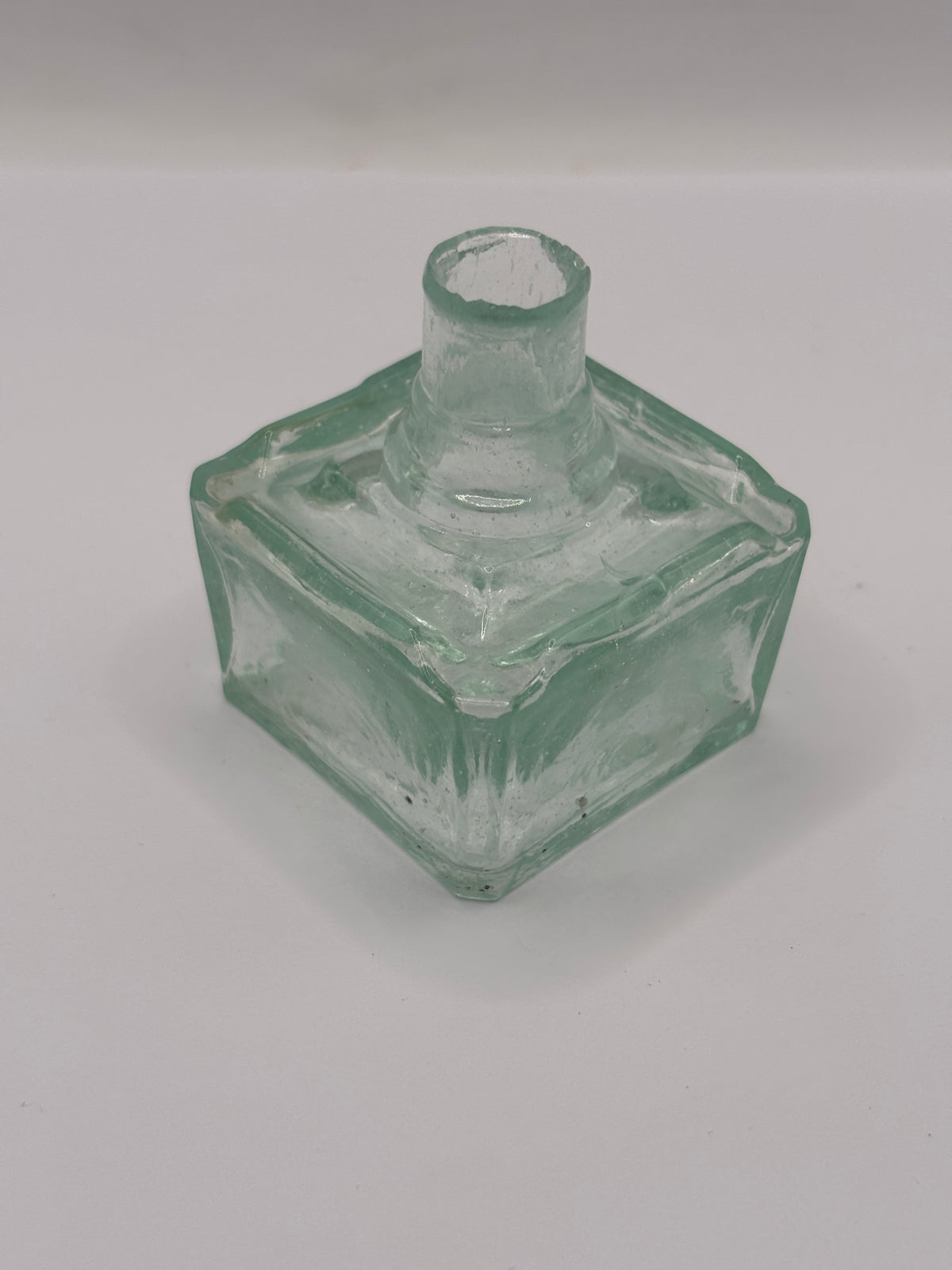 old aqua glass square ink,inkwells, ink bottle. FM & Co 4 pen rests
