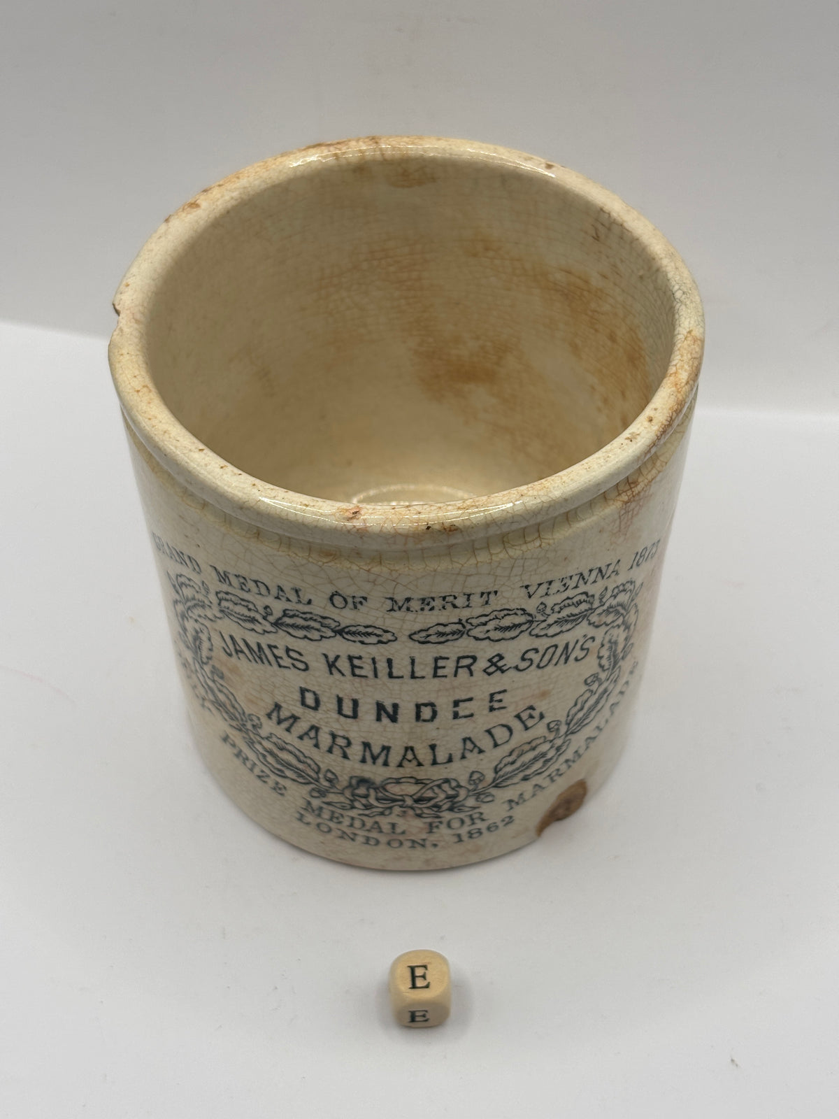 Old 1lb stoneware marmalade pot, James Keiller Dundee marmalade (e) chipped