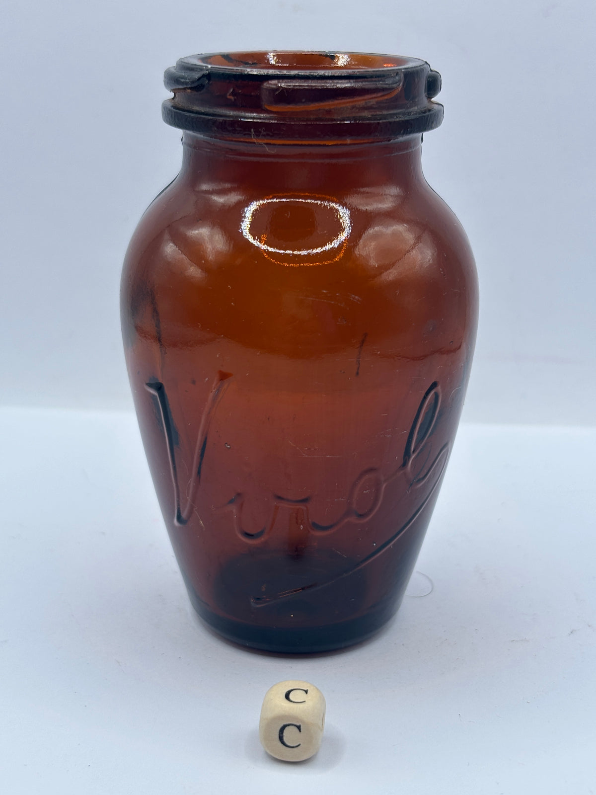 Old amber glass Virol jar (c) 10.5cms