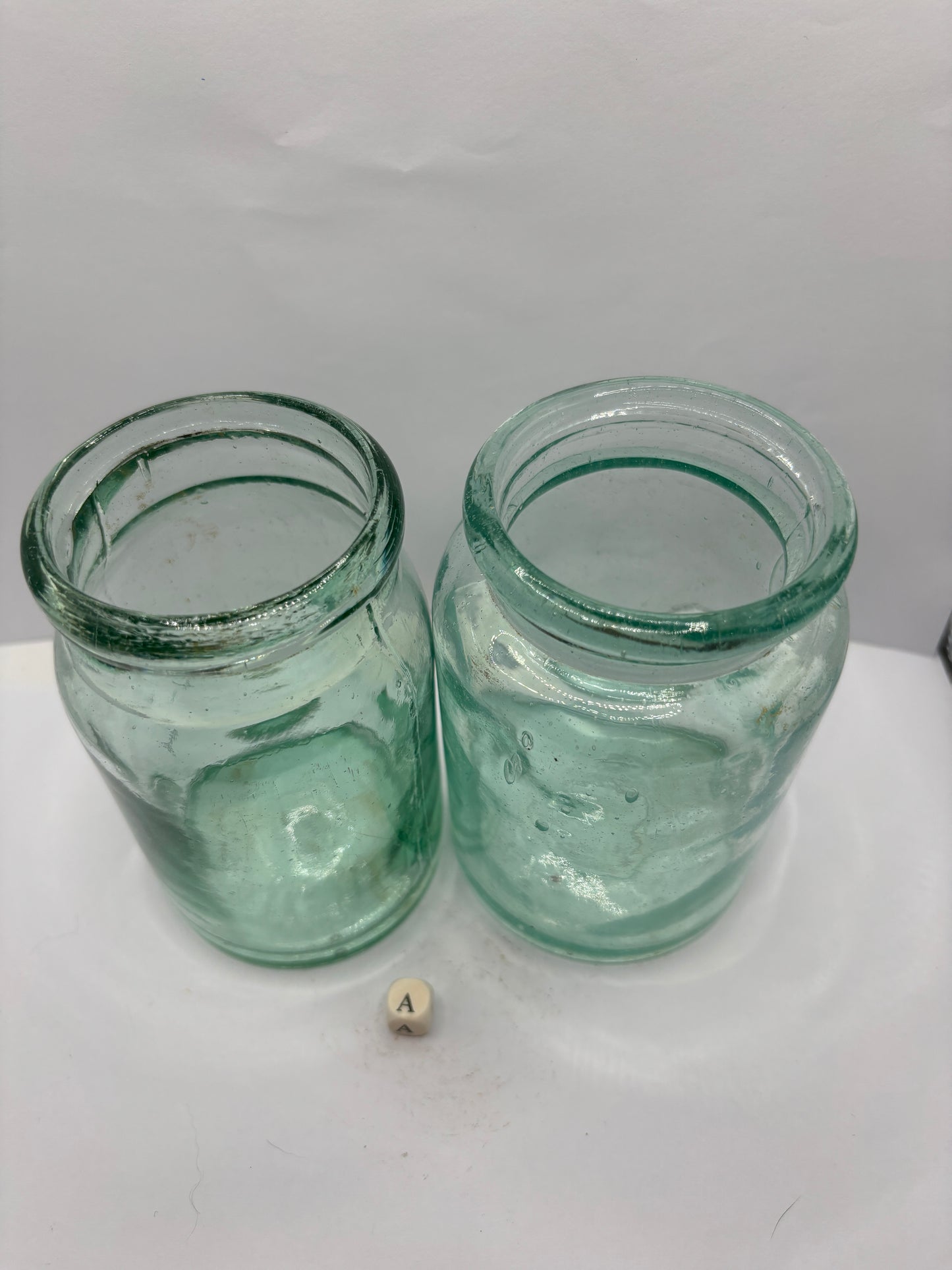 2 Small aqua glass jam & pickle jar (A)