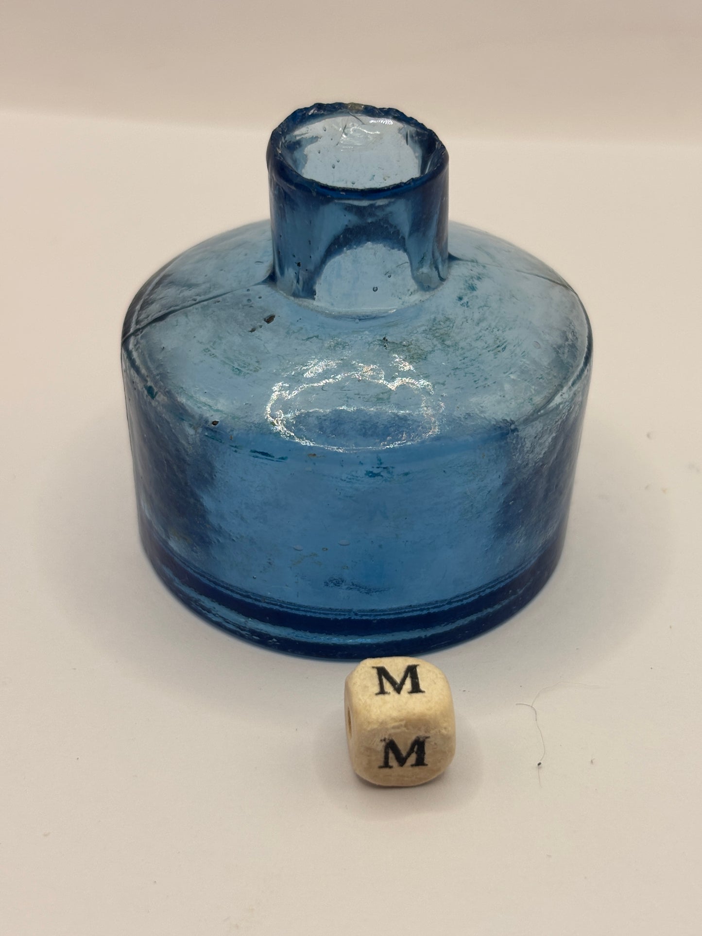 Old blue glass ink bottle, inkwell (m)