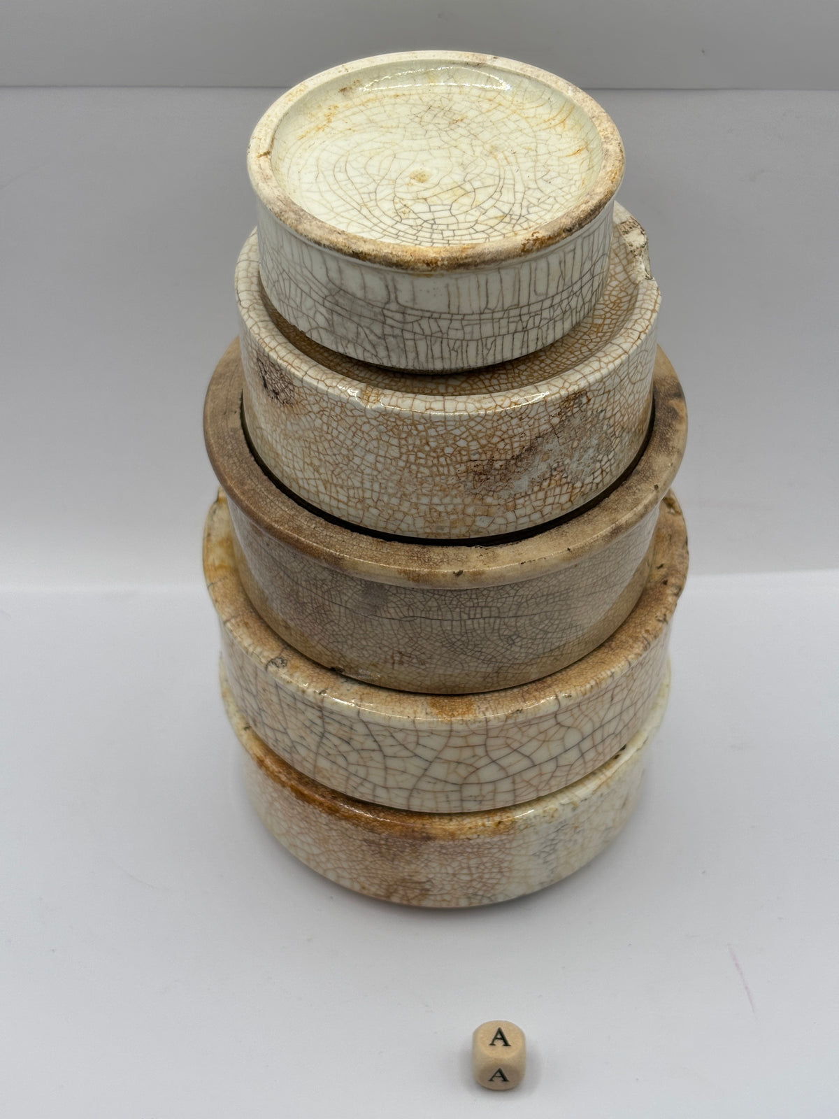 5 old stoneware pot lid bases, stackers (a)
