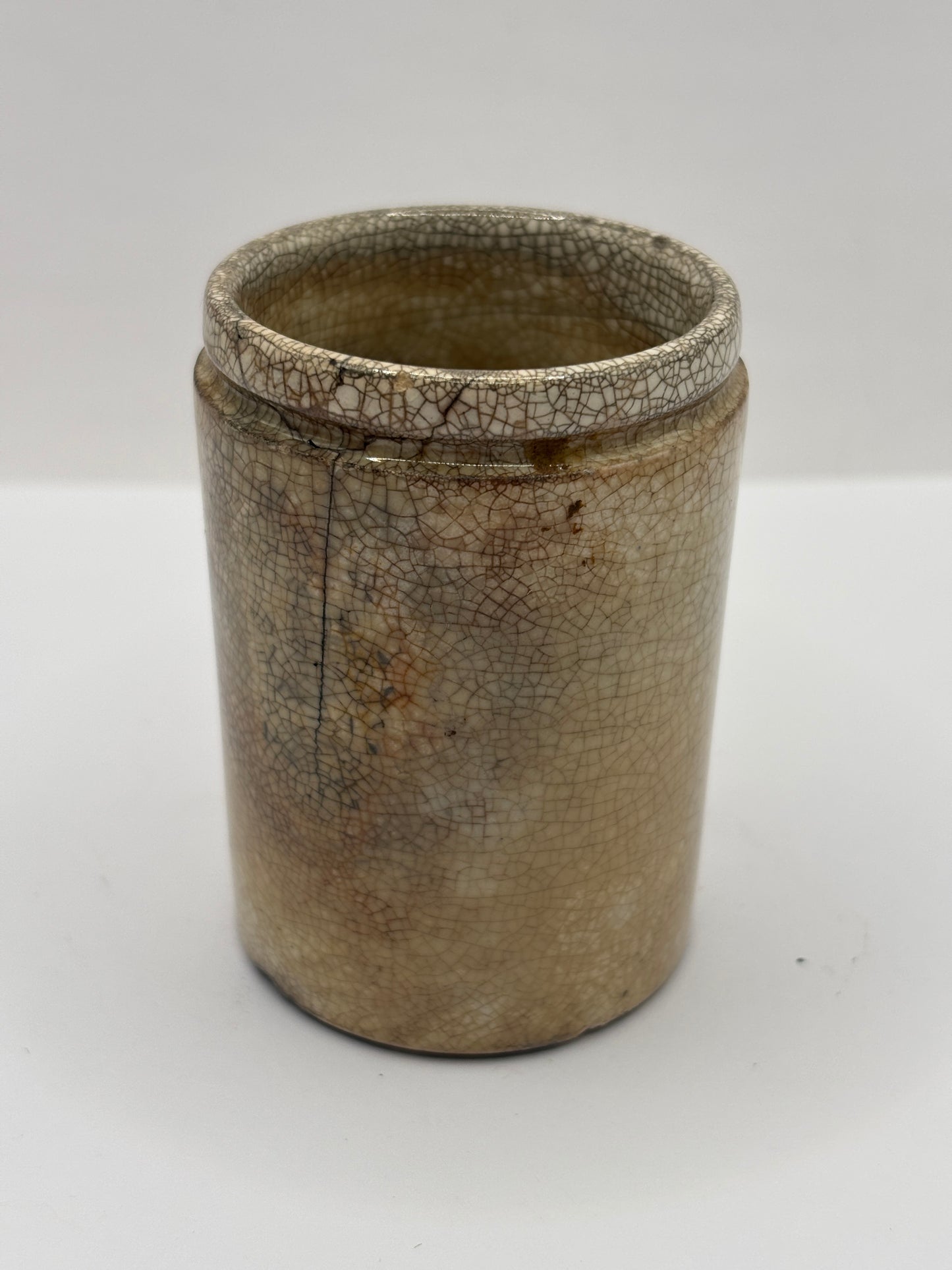 Old stained & crazed small stoneware pot