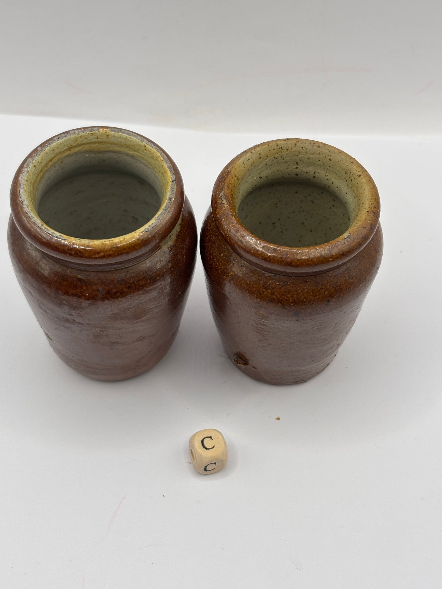 2 old small brown stoneware cream pots (c)