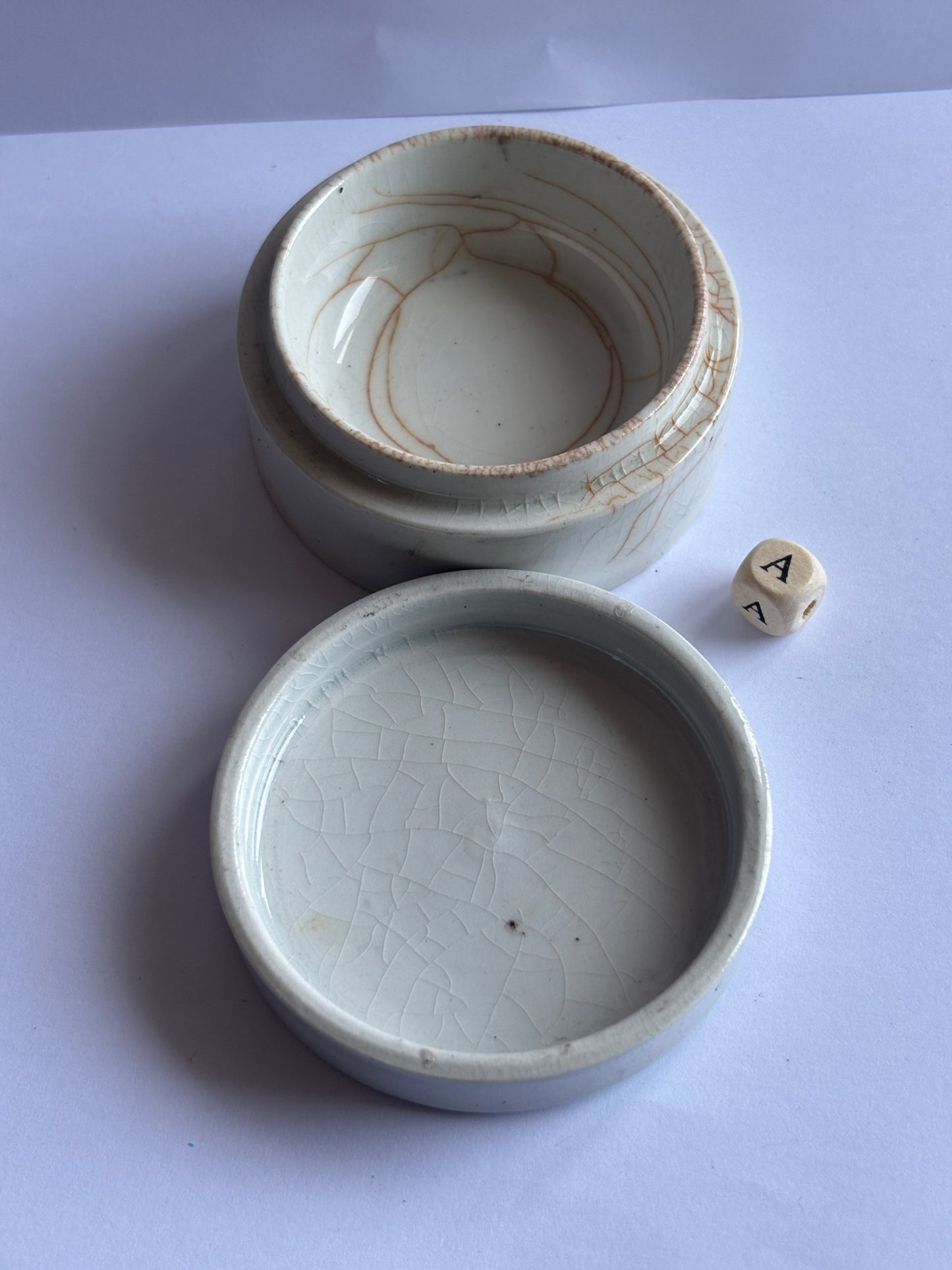Old plain pot lid and base, stoneware (a)