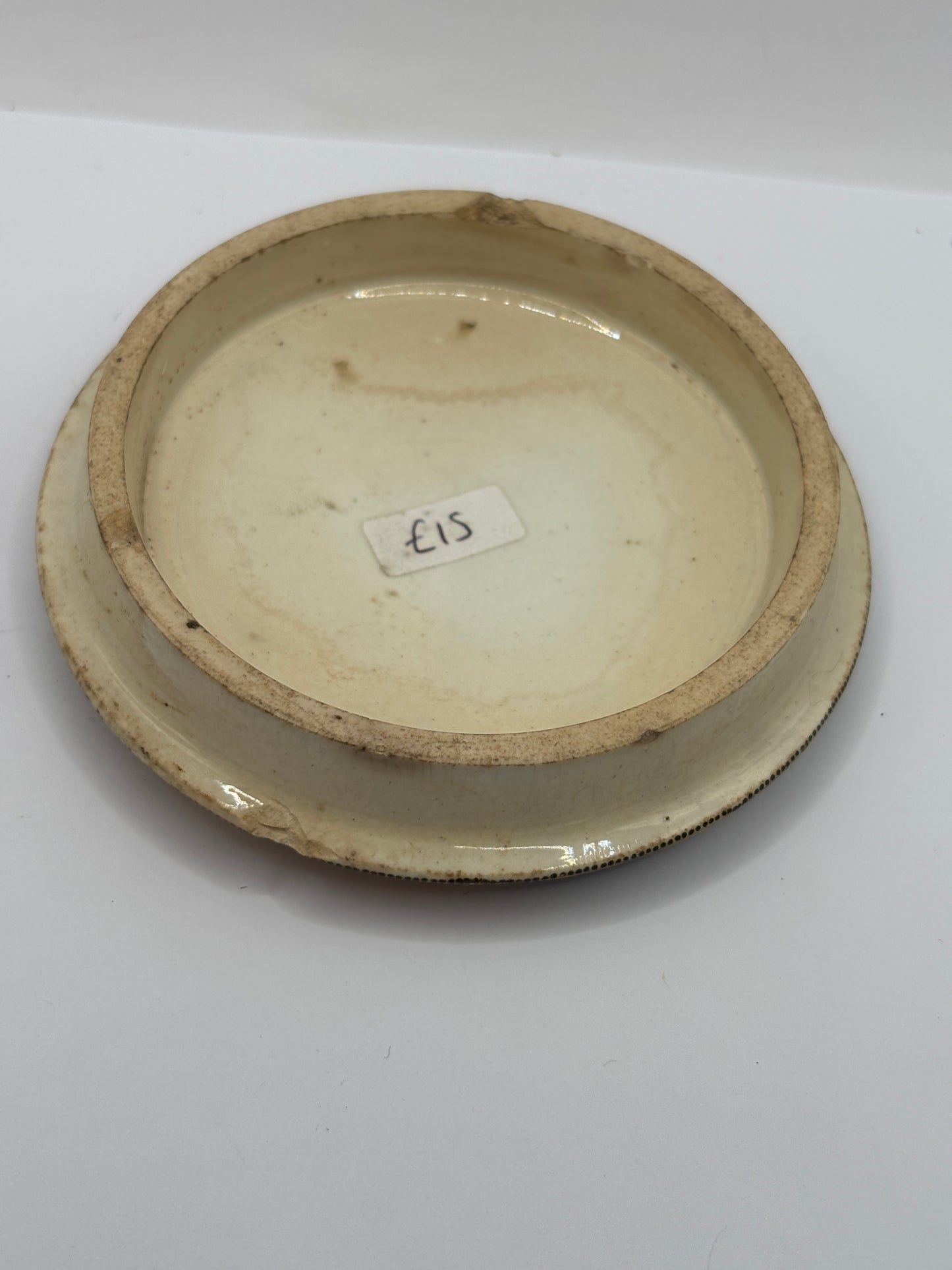 Old Prattware lid, Uncle Toby. Chipped