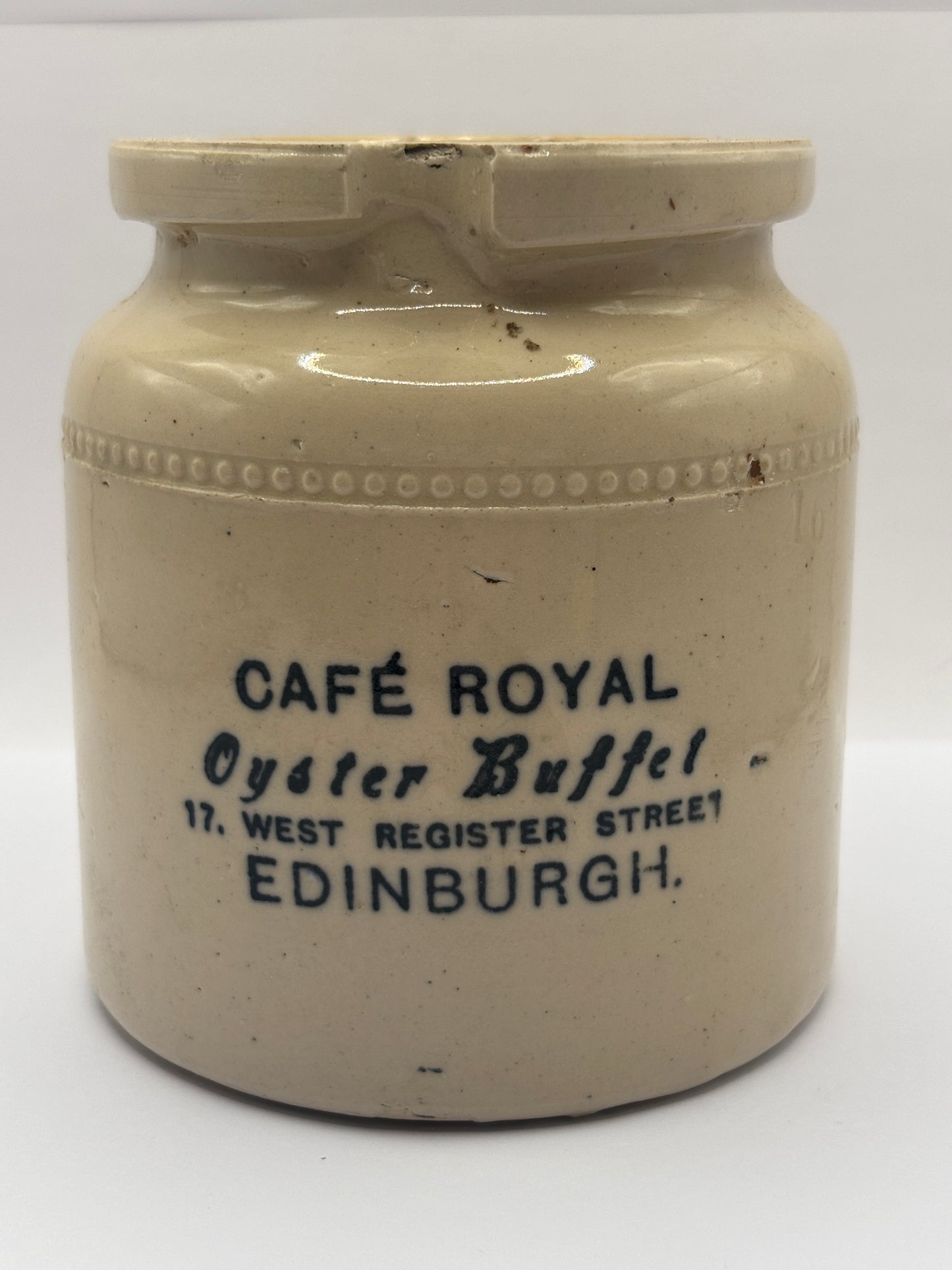 Old large stoneware caviar pot, Cafe Royal Oyster Buffet, Edinburgh