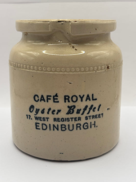 Old large stoneware caviar pot, Cafe Royal Oyster Buffet, Edinburgh