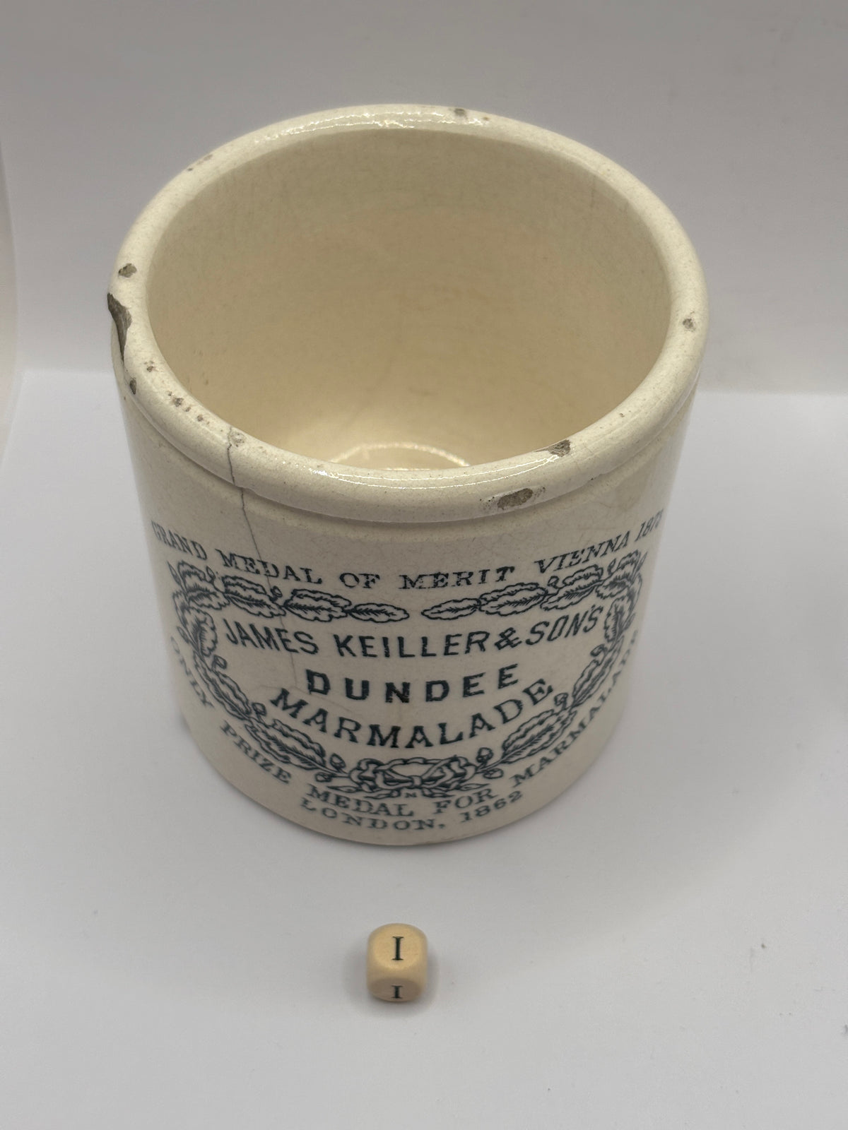 Old 1lb stoneware marmalade pot, James Keiller Dundee marmalade (i)
