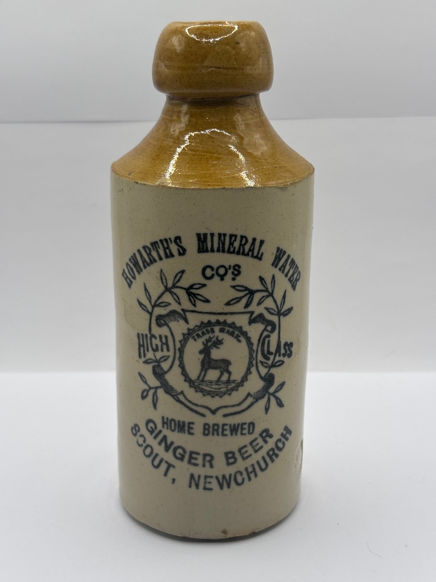 Old stoneware ginger beer bottle, Howarths mineral water Co. Scout Newchurch
