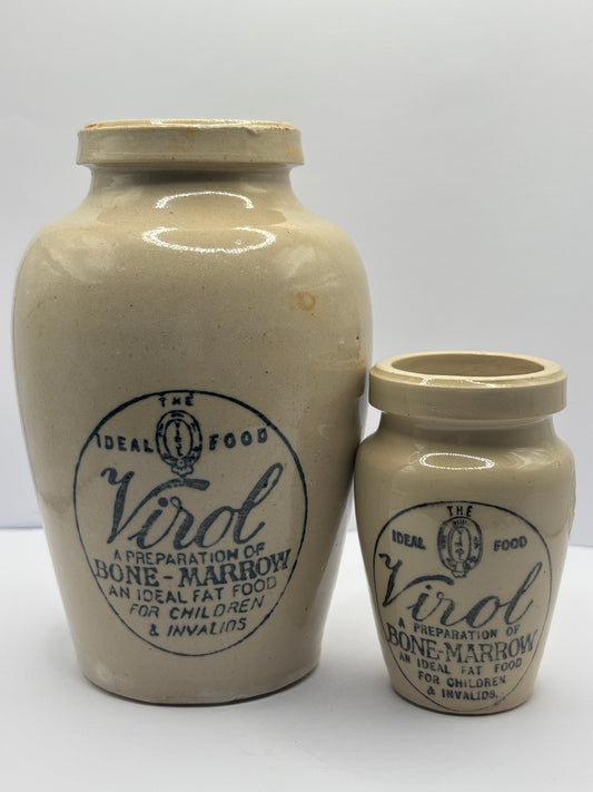 2 Old stoneware advertising Virol jars