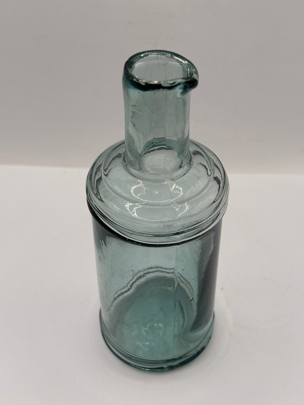 Old tall aqua glass inkwell, ink bottle, pouring ink 14.5cms
