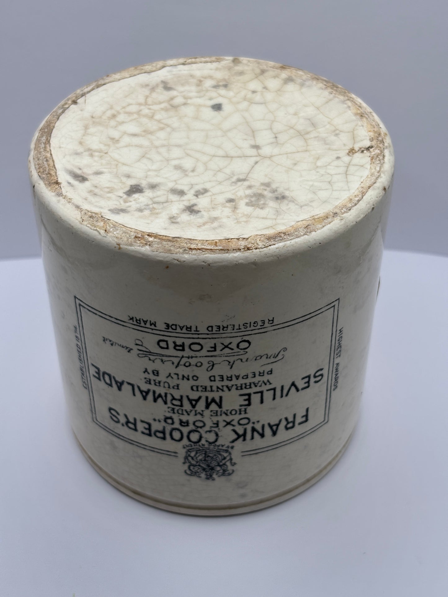 Old 2lb frank cooper marmalade jar, stained & crazed