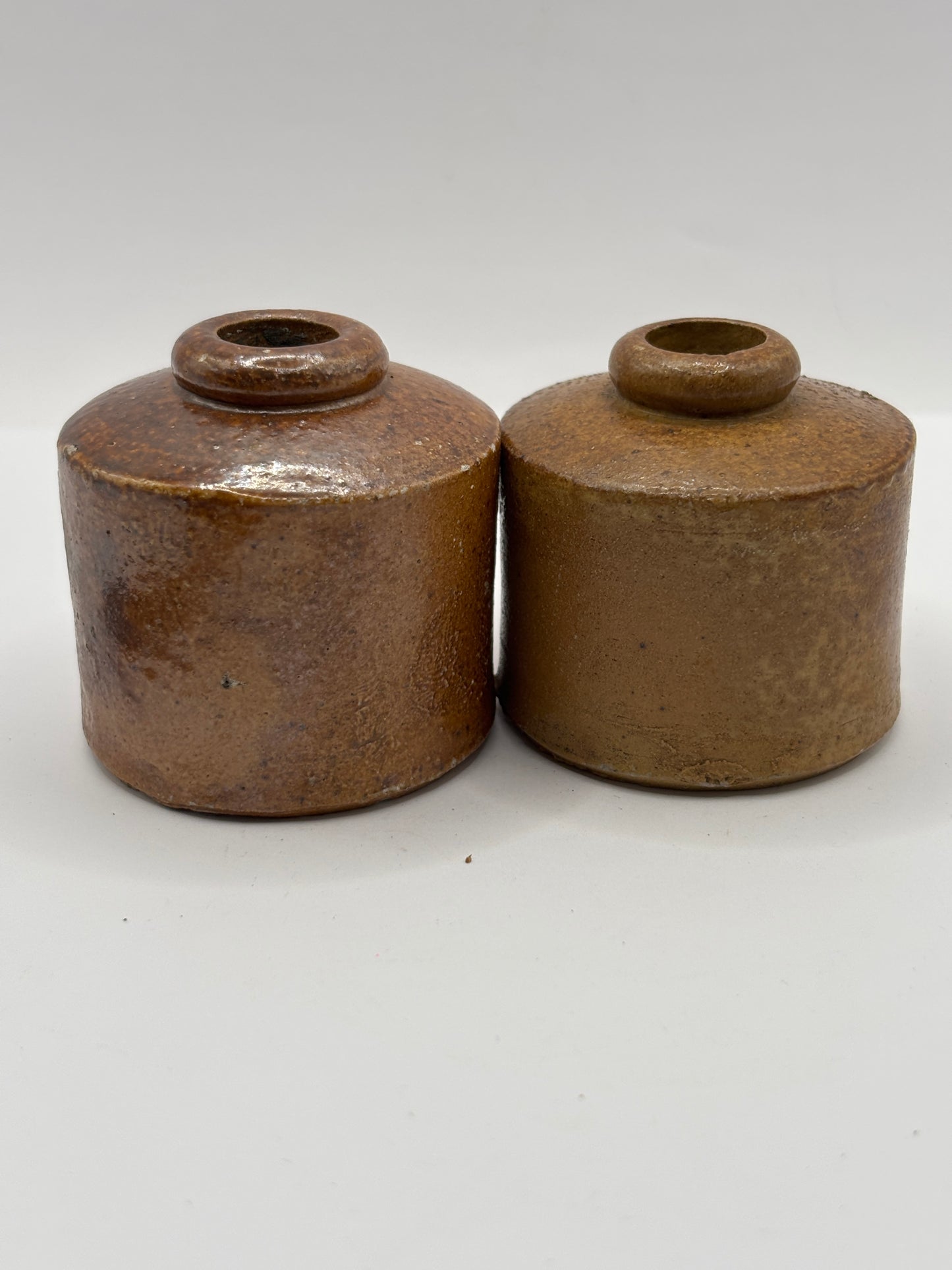2 old stoneware inkwells, pork pie inks