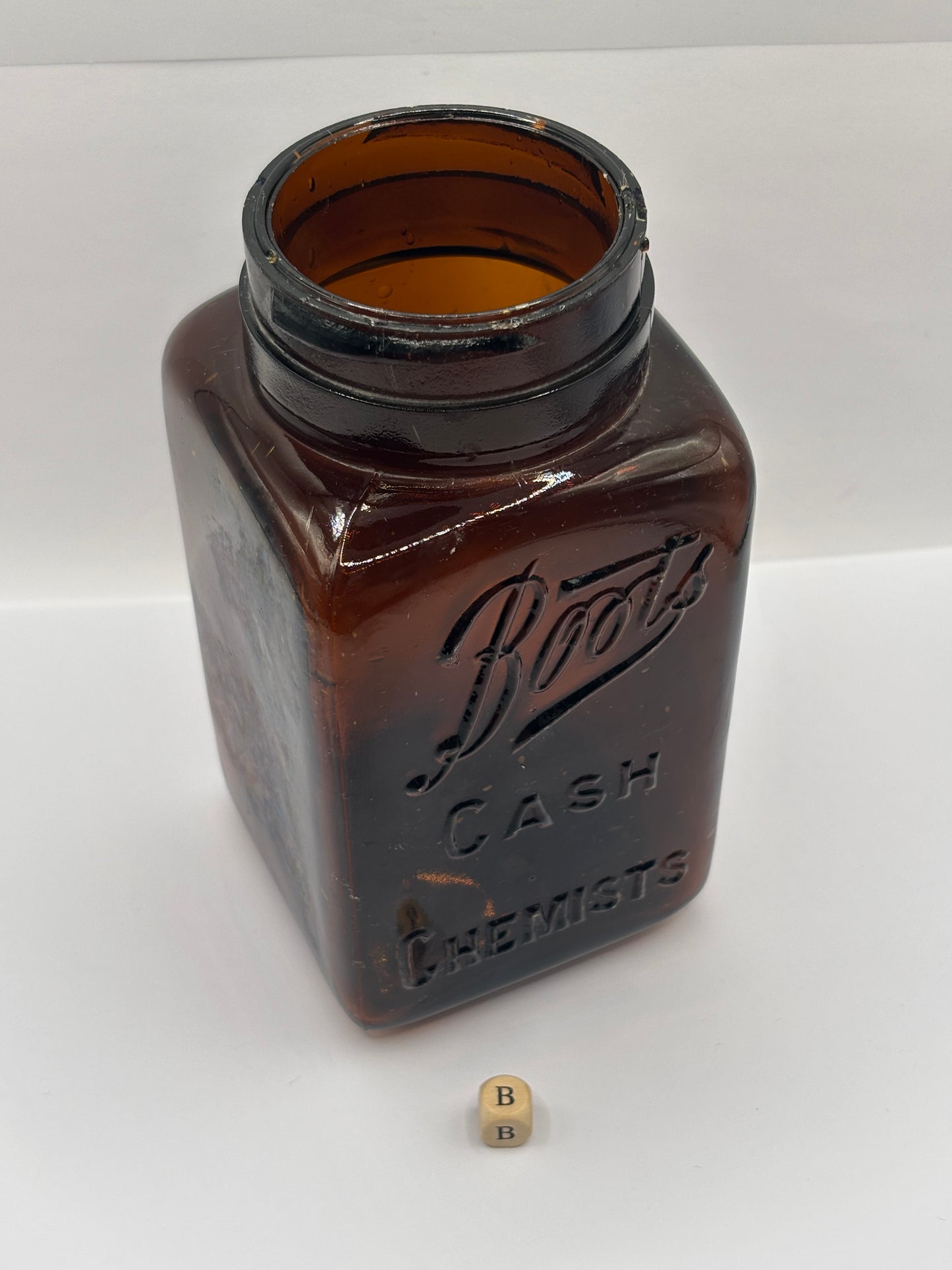Old XL amber glass Boots cash chemists jar (B)