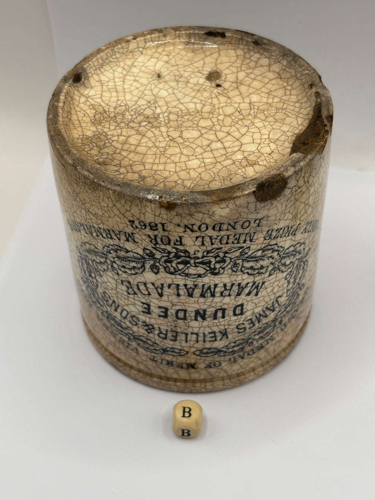 Old 1lb stoneware marmalade pot, James Keiller Dundee marmalade (B) chippy