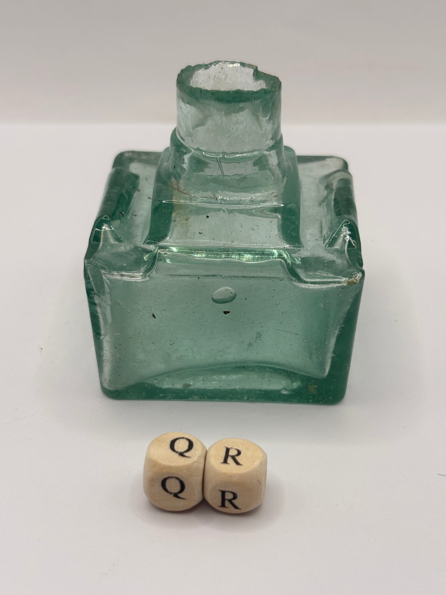 Old aqua glass inkwell (QR)