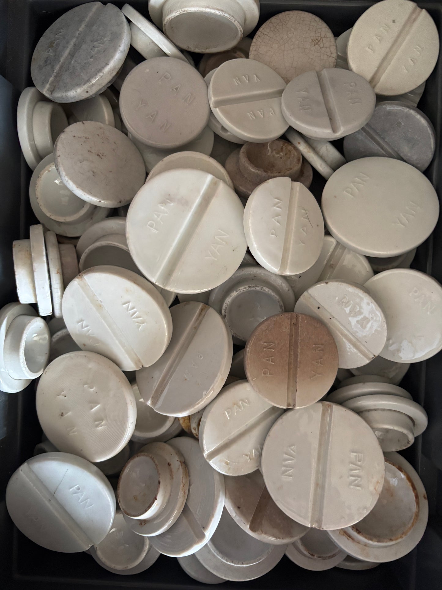 Old white stoneware pan yan lids, make your own stacks