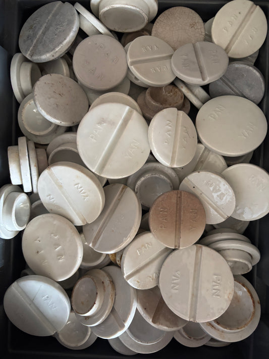 Old white stoneware pan yan lids, make your own stacks