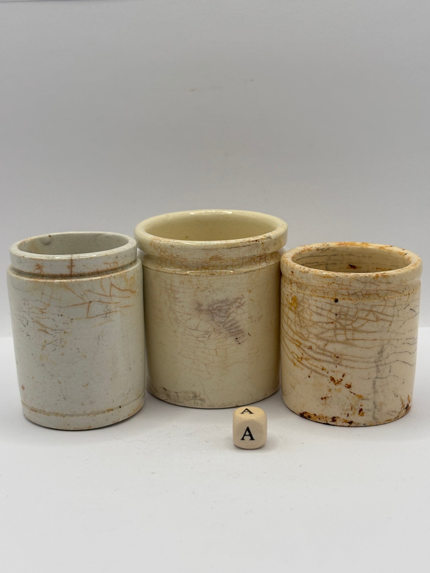 3 old stained & crazed stoneware pots (a)