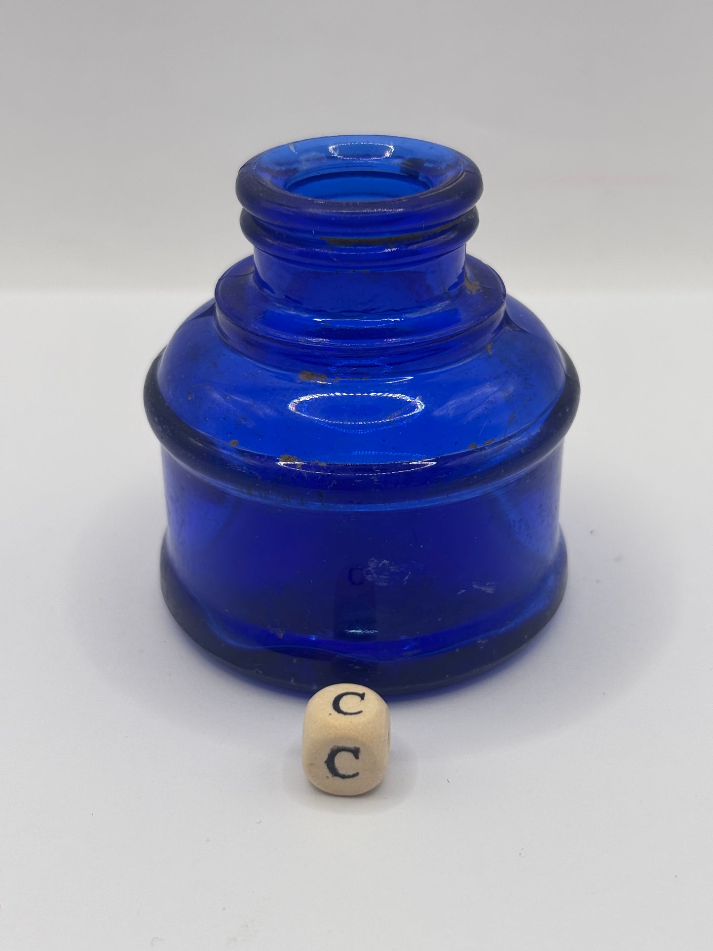 Old blue glass ink bottle, inkwell, penny ink (c)