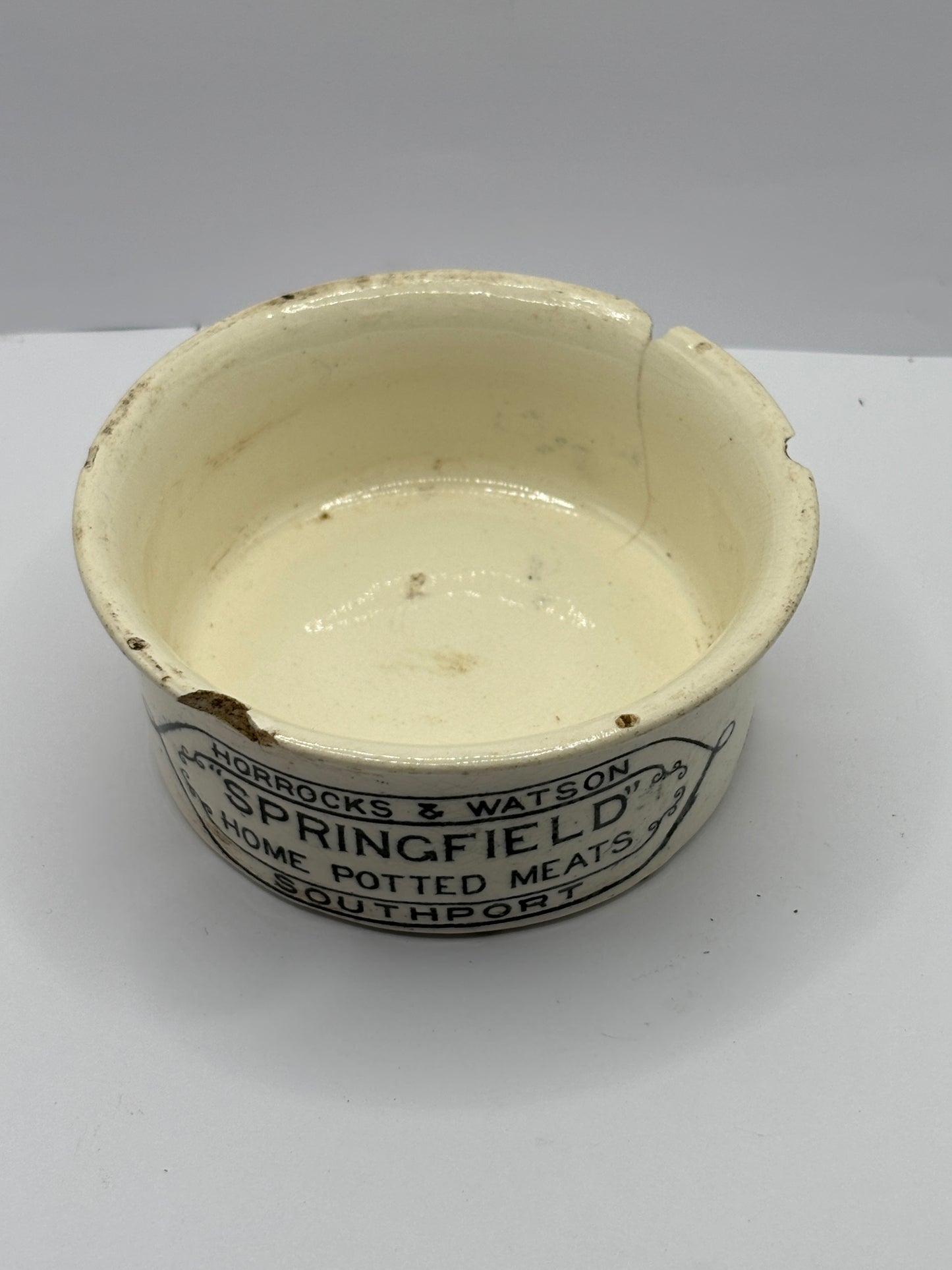 Springfield potted meats advertising pot. Damaged