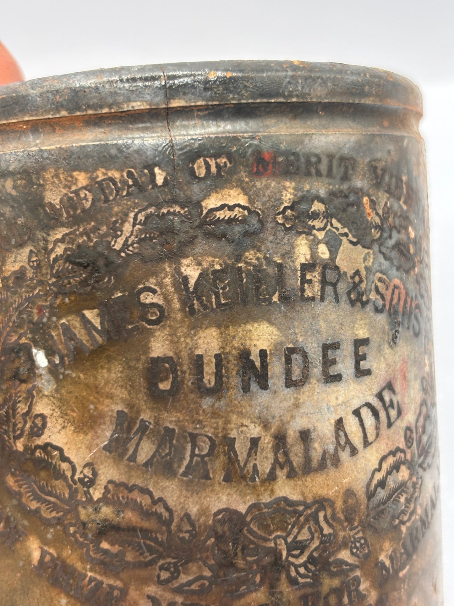 Old 1lb James Keiller Dundee marmalade Jar. Super burnt & crusty